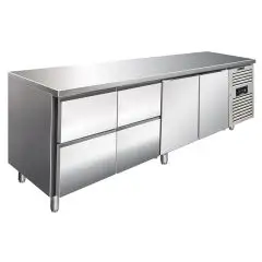 TABLE RÉFRIGÉRÉE EN ACIER INOXYDABLE AISI 304 - VENTILÉE - Mod CXF4140TN - GASTRONORM 1/1 (53 x 32,5 cm) - 2 PORTES RÉFRIGÉRÉES - 4 TIROIRS RÉFRIGÉRÉS - CAPACITÉ 476 L - TEMPÉRATURE -2°/+8°C - Dimensions cm L 223 x P 70 x H 86