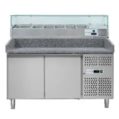 COMPTOIR RÉFRIGÉRÉ À PIZZA EN ACIER INOX - AVEC VITRINE À INGRÉDIENTS - POUR BACS À PIZZA 60x40 cm - VENTILÉ - Mod DB2600TN38  - N 2 portes - Température -2°/+8°C - Dimensions 151x80x143,5 cm