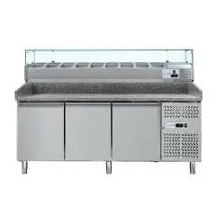 COMPTOIR RÉFRIGÉRÉ À PIZZA EN ACIER INOX - AVEC VITRINE À INGRÉDIENTS - POUR BACS À PIZZA 60x40 cm - VENTILÉ - Mod DB3600TN38  - N 3 portes - Température -2°/+8°C - Dimensions 202,5x80x145,5 cm