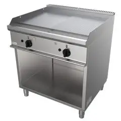 PLANCHA À GAZ - MOD. G7NUQ2DCO - 1/2  PLAQUE LISSE 1/2 PLAQUE NERVURÉE - Compartiment ouvert - n. 2 zones de cuissson - Puissance kW 12 - Dim. 80x70xh85 cm - Norme CE