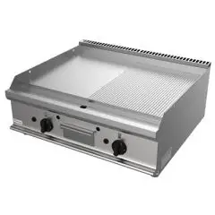 PLANCHA À GAZ DE COMPTOIR - MOD. G7NUQ2DDO -  1/2  PLAQUE LISSE 1/2 PLAQUE NERVURÉE - n. 2 zones de cuissson - Puissance kW 12 - Dim. 80x70xh27 cm - Norme CE