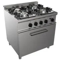 CUISINIÈRES À GAZ  4 FEUX - MOD. G7NURG4FO4M - Four à gaz statique GN 2/1  68,5x53xh35 cm - Puissance totale kW 25,9 - Dim. 80x70xh85 cm - Norme CE