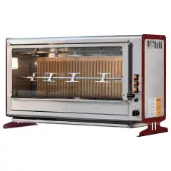RÔTISSOIRE VERTICALE A GAZ - MOD. ELBA18/PG - Capacité n. 18 poulets - N. 3 broches en tubulaire inox mm 12 x 12 mm Longueur cm 96 - Bruleur avec soupape de sécurité, piézo et briques réfractaires - Puissance: 55 W - Puissance thermique: 14 Kw - Brancheme