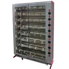 RÔTISSOIRE VERTICALE ELECTRIQUE - MOD. ELBA32/PE - Capacité n. 32 poulets - N. 8 broches en tubulaire inox mm 12 x 12 Longueur cm 76 - Résistances avec relatives interrupteurs - Branchement: 400 V Triphasé - Puissance: 14,5 Kw - Dimensions : cm 92,1 x 39,