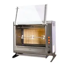 RÔTISSOIRE VERTICALE A GAZ - MOD. ELBA9/PG - Capacité n 9 poulets - N 3 broches en tubulaire inox mm 12 x 12 mm Longueur cm 54,3 - Bruleur avec soupape de sécurité, piézo - Branchement: 230 V monophasé - Puissance 92 W - Puissance thermique 8 Kw - Dimensi