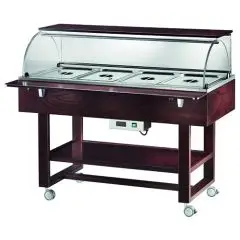 CHARIOT RÉFRIGÉRÉ - MOD. ELR2826BT - Structure en contreplaqué de bouleau - Refroidissement statique - Température -5°/+5°C (avec couvercles en place) - Dôme en plexiglas - Capacité N° 4 GN 1/1 h15 cm - Alimentation 230V/1/50Hz - Dimensions cm L 148 x P 9