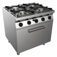 CUISINIÈRE À GAZ 4 FEUX  - MOD. H7MZE4FO - Sans flamme pilote - Four à gaz statique  GN 2/1 cm L 68,5 x P 53 x 35 H - Puissance  totale kW 26,9 - Dim. : cm L 80 x P 70 x H 85 - Norme CE