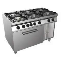 CUISINIÈRE À GAZ 6 FEUX  - MOD. H7MZE6FE - Sans flamme pilote - Four électrique statique GN 2/1 L 68,5 x P 53 x H 35 cm - Compartiment neutre - Puissance totale gaz 28,5 kW - Dimensions : L 120 x P 70 x H 85 cm - Norme CE
