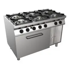 CUISINIÈRE À GAZ 6 FEUX  - MOD. H7MZE6FN - Sans flamme pilote - Four à gaz statique  GN 2/1 cm L 68,5 x P 53 x 35 H - Vano neutro - Puissance  totale kW 36,4 - Dim. : cm L 120 x P 70 x H 85 - Norme CE
