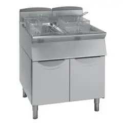 FRITEUSE À GAZ - LIGNE UNIKA - MOD. FG7215T - ÉCHANGEURS INTERNES DANS LA CUVE - 2 BACS DE 13 + 13 LITRES D'HUILE - 2 COMPARTIMENTS NEUTRES AVEC PORTE - DIMENSIONS Cm L 60 X P 70 X H 90 - POIDS Kg 80