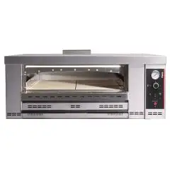 FOUR À GAZ MÉCANIQUE POUR PIZZA - Mod HN 9 - 1 chambre - Surface de cuisson en briques réfractaires - Dimensions de la chambre cm L 105 x P 105 x 15 H - Nombre de pizzas 9 (Ø 30/34 cm) - Puissance 29 kW - Norme CE