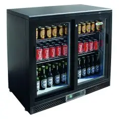 VITRINE RÉFRIGÉRÉE EN TÔLE PEINTE ET ALLUMINIUM- POUR BOISSONS - Mod. G-BC2PS87 - VENTILÉ- CAPACITÉ 202 Lt - N. 2 PORTES COULISSANTES - Température +2°/+8°C - Dim. 90x53,5x87 cm - Norme CE
