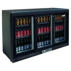 VITRINE RÉFRIGÉRÉE EN TÔLE PEINTE ET ALLUMINIUM - POUR BOISSONS - Mod. G-BC3PS87 - VENTILÉ - CAPACITÉ 320 Lt - N. 3 PORTES COULISSANTES - Température +2°/+8°C - Dim. 135x53,5x87 cm - Norme CE