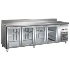 TABLE RÉFRIGÉRÉE AVEC DOSSERET EN ACIER INOX AISI 304 - VENTILÉ - Mod. G-GN4200TNG - GASTRONORM 1/1 ( 53x32,5cm) - CAPACITÉ BRUTE ' 553 Lt - N. 4 PORTES EN VERRE - Température +2°/+8°C - Dim. 223x70x96 cm - Norme CE