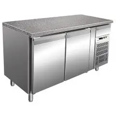 TABLE RÉFRIGÉRÉE EN ACIER INOX AISI 304 - PÂTISSERIE - VENTILÉE - Mod. G-PA1500TNGR7 - PLATEAU EN GRANIT - N. 2 PORTES - CAPACITÉ BRUTE de 413 litres - TEMPERATURE -2°/+8°C - Dimensions cm L 150,5 x P 80 x H 87 - Norme CE