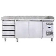 COMPTOIR RÉFRIGÉRÉ À PIZZA EN ACIER INOX AISI 201 - POUR BACS À PIZZA 60x40 cm - Ventilé - Mod. G-PZ2610TN FC - N. 2 Portes réfrigérés - Meuble à tiroir neutre - N. 7 Tiroirs - Température -2°/+8°C - Dim. 202x80xh100 cm - Norme CE