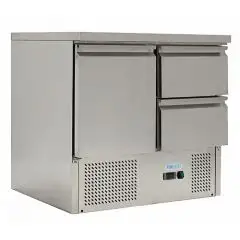 SALADETTE ET TABLE RÉFRIGÉRÉE EN ACIER INOX AISI 201 - GASTRONORM 1/1 ( 53x32,5 cm) - STATIQUE - Mod. G-S901-2D-FC - N. 1 porte réfrigéré + N. 2 Tiroirs - Température +2°/+10°C - Dim. 90x70x85 cm - Norme CE