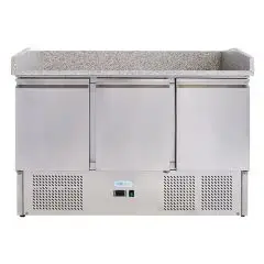 COMPTOIR RÉFRIGÉRÉ À PIZZA EN ACIER INOX AISI 201 - GASTRONORM 1/1 ( 53x32,5cm) - STATIQUE - Mod. G-S903PZVRX FC - N. 3 portes réfrigérées - Température +2°/+8°C - Dim. 140x70x102 cm - Norme CE
