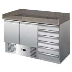COMPTOIR RÉFRIGÉRÉ À PIZZA EN ACIER INOX AISI 201 - GASTRONORM 1/1( 53x32,5cm) - STATIQUE - Mod. G-S903PZCAS FC - N. 2 portes réfrigérées + 6 Tiroirs neutres- Température +2°/+8°C - Dim. 142x70x102 cm - Norme CE