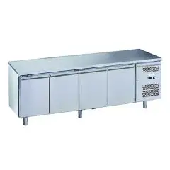 TABLE RÉFRIGÉRÉE EN ACIER INOX AISI 201 - POUR SNACK - VENTILÉ - Mod. G-SNACK4100TN-FC - CAPACITÉ BRUTE 342 Lt - N. 4 PORTES - Température -2°/+8°C - Dim. 223x60x85 cm - Norme CE