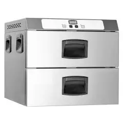 FOUR DE MAINTIEN EN TEMPÉRATURE AVEC 2 TIROIRS - MOD. GMC2E - VERSION ÉLECTRONIQUE  - CAPACITÉ : 2 GN 1/1 - ALIMENTATION MONOPHASÉ V 230/1/50 Hz - PUISSANCE  W 900 - DIM.  Cm L 65 X P 60 X h 51 - Poids  Kg 35