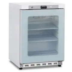 Armoire r&eacute;frig&eacute;r&eacute;e statique ventil&eacute;e avec porte vitr&eacute;e mod&egrave;le GN 200 G TN, temp&eacute;rature +2&deg;C / +10&deg;C, capacit&eacute; brute 200 Lt, dimensions ext&eacute;rieures 600 x 625 x 850 mm.