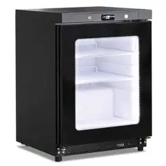 Armoire r&eacute;frig&eacute;r&eacute;e statique ventil&eacute;e avec porte vitr&eacute;e mod&egrave;le GN 200 G TN BLK, temp&eacute;rature +2&deg;C / +10&deg;C, capacit&eacute; brute 200 Lt, dimensions ext&eacute;rieures 600 x 625 x 850 mm.