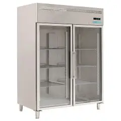 Armoire réfrigérée congélateur en acier inox AISI 201 - Mod M-GN1410BTG-FC - Gastronorm 2/1 (65 x 53 cm) - Ventilée - 2 porte en verre - Capacité de 1300 litres - Température -18°/-22°C - Dimensions cm L 148 x P 83 x 201 H