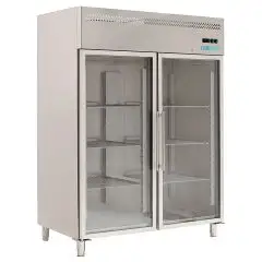 Armoire réfrigérée en acier inox AISI 201 - Mod M-GN1410TNG-FC - Gastronorm 2/1 (65 x 53 cm) - Ventilée - 2 porte en verre - Capacité de 1300 litres - Température 0°/+8°C - Dimensions cm L 148 x P 83 x 201 H
