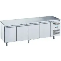 Table réfrigérée en acier inox AISI 201 - Mod M-GN4100BT-FC - Gastronorm 1/1 (53 x 32,5 cm) - Ventilé - Capacité brute ' 553 Lt - N 4 portes - Température -18°/-22°C - Dimensions cm L 223 x P 70 x 85 H