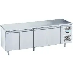 Table réfrigérée en acier inox AISI 201 - Mod M-GN4100TN-FC - Gastronorm 1/1 (53 x 32,5 cm) - Ventilé - Capacité brute 553 Lt - N 4 portes - Température +2°/+8°C - Dimensions cm L 223 x P 70 x 85 H
