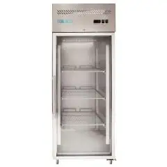 Armoire réfrigérée en acier inox AISI 201 - Mod M-GN650TNG-FC - Gastronorm 2/1 (65 x 53 cm) - Ventilée - 1 porte en verre - Capacité de 650 litres - Température 0°/+8°C - Dimensions cm L 74 x P 83 x 201 H