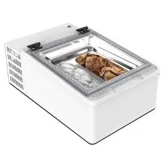 PRÉSENTOIR DE COMPTOIR RÉFRIGÉRÉE - MOD. CREAM 2V W - ÉCONOMIE D'ÉNERGIE -11% - CAPACITÉ LT. 28 - RÉFRIGÉRATION STATIQUE - TEMPÉRATURE -10°/-22° - Dim. Cm. L 49 x P 79 x h 34,5 - Norme CE