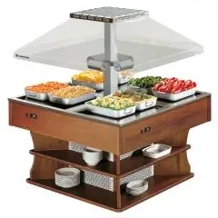 ÎLOT BUFFET D'EXPOSITION CHAUFFANT - MOD. LAGO8HOT - STRUCTURE EN BOIS - VOLTAGE TRIPHASÉ V 400/3/50 Hz - Temp. °C +30/+90 - PUISSANCE TOTALE W 3600 - DIM. Cm L 140 x P 140 x h 171 - POIDS Kg 112