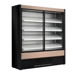 &Eacute;CRAN MURAL R&Eacute;FRIG&Eacute;R&Eacute; EN LIBRE-SERVICE VENTIL&Eacute; - TEMP&Eacute;RATURE +0/+2 &deg;C - POUR BOISSONS, PRODUITS LAITIERS, PRODUITS PR&Eacute;EMBALL&Eacute;S - MOD. OLIMPO OM W - PORTES COULISSANTES - TROIS &Eacute;TAG&Egrave;RES BASCULANTES