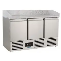 SALADETTE ET COMPTOIR RÉFRIGÉRÉ À PIZZA EN ACIER INOX AISI 304 - Mod SF 903 PZ - FROID STATIQUE BRASSÉ - GASTRONORM 1/1 (53 x 32,5 cm) - 3 PORTES RÉFRIGÉRÉES - TEMPÉRATURE +2°/+8°C - Dim L 140 x P 70 x h 101 cm