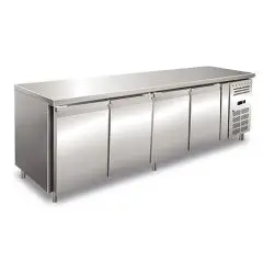 TABLE RÉFRIGÉRÉE EN ACIER INOX AISI 304 - VENTILÉE - Mod UOCEM4100BT - 4 PORTES - CAPACITÉ 511 L - TEMPÉRATURE -10°/-20°C - Dimensions cm L 223 x P 60 x H 86 - Norme CE