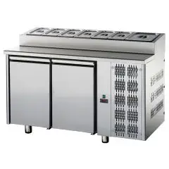 TABLE RÉFRIGÉRÉE EN ACIER INOX AISI 304 - Mod.  TF02MIDGNSK -VENTILÉ - GASTRONORM 1/1 - PLAN DE TRAVAIL PRÉPARATION SNACK - N. 2 PORTES - TEMPÉRATURE 0°/+10°C - Dim. 142x70xh95/102cm - Norme CE