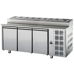 TABLE RÉFRIGÉRÉE EN ACIER INOX AISI 304 - Mod.  TF03MIDGNSK  -VENTILÉ - GASTRONORM 1/1 - PLAN DE TRAVAIL PRÉPARATION SNACK - N. 3 PORTES - TEMPÉRATURE 0°/+10°C - Dim. 187x70xh95/102cm - Norme CE