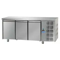 TABLE RÉFRIGÉRÉE EN ACIER INOX AISI 304 - POUR PÂTISSERIE - PLAQUES cm 60x40 - VENTILÉE  - Mod. UQ03M - N. 3 PORTES - TEMPÉRATURE 0°/+10°C - Dim. cm. 215x80xh85/92 - Norme CE