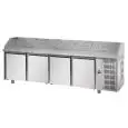 COMPTOIR RÉFRIGÉRÉ À PIZZA EN ACIER INOX AISI 304 - Mod.  QA04M80 - POUR BACS À PIZZA 60x40 cm - VENTILÉ - N. 4 PORTES - TEMPÉRATURE 0°/+10°C - Dim. 271x80xh103/110 cm - Norme CE