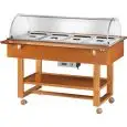 CHARIOT  CHAUFFANT BAIN MARIE - MOD. ELC2832 - Structure en bois massif - Coupole en plexiglas  Température +30° +90°C - Capacité n° 4  GN1/1 H15 cm - Voltage 230V/50Hz - Dim.  148x112xh125  cm