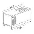 COMPTOIR À GLACE, CUVE CYLINDRIQUES À GLACE (POZZETTI) AVEC STORAGE -  SEMI OUVRÉ,IL NÉCESSITE DE PANNEAUX- MOD. BPGELV150 - VENTILÉ - ALIMENTATION V 230/50Hz MONOPHASÉ  - N. 6 CUVES CYLINDRIQUES À GLACE - AVEC UNITÉ CONDENSATRICE INCORPORÉE  - DIM. Cm L 