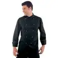 CHEF VESTE LIMA - MOD. 057461 - 65% POLYESTER ET 35% COTON - BOUTONS ARGENT - SOUFFLETS LATÉRAUX - FILET DE VENTILATION AXILLAIRE - POCHE POITRINE ET BRAS - COULEUR NOIRE AVEC BORDURE BLANCHE SUR MANCHES ET COL