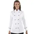 CHEF VESTE LADY GRANCHEF - MOD. 057511 - 100% COTON - BOUTONS RONDS NOIRS - COULEUR BLANCHE AVEC RAYURE NOIRE SUR LES MANCHES ET COL AU DESIGN ÉLÉGANT
