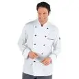 CHEF VESTE PRESTIGE - MOD. 059000 - 100% COTON - STYLE DOUBLE POITRINE - BOUTONS RONDS NOIRS - POCHE POITRINE ET BRAS - COULEUR BLANCHE AVEC RAYURES TRICOLI APPLIQUÉES SUR LA POCHE DE POITRINE, LES POIGNETS ET LE COL