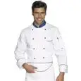 CHEF VESTE EUROCHEF - MOD. 057099 - 100% COTON - STYLE DOUBLE POITRINE - BOUTONS RONDS BLEUS - POCHE POITRINE ET BRAS - COULEUR BLANCHE AVEC RAYURES BLEUES APPLIQUÉES SUR LA POCHE POITRINE ET LES POIGNETS - COL BLEU AVEC LOGO EUROPE BRODÉ