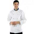 CHEF VESTE EUROITALY - MOD. 057199 - 100% COTON - STYLE DOUBLE POITRINE - BOUTONS RONDS DORÉS - POCHE POITRINE ET BRAS - COULEUR BLANCHE AVEC COL BLEU AVEC LOGO EUROPE BRODÉ - CONTOUR DU COL AVEC COULEUR DRAPEAU ITALIEN