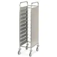 PORTE PLATEAUX - MOD. GN/EN ACIER - STRUCTURE TUBULAIRE EN ACIER  INOX 2X2 cm - GLISSIÈRES À"L" EN TÔLE INOX - CAPACITÉ PLATEAUX GN OU EN - PANNEAUX LATÉRALES EN TÔLE  D'ACIER INOX - ROUES PIVOTANTES ø 12,5 cm - NORME CE
