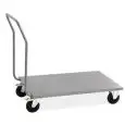 PORTE CAISSE EN ACIER INOX- MOD. 1897 - BASE EN TÔLE  D'ACIER INOX AISI 304 - POIGNÉE TUBULAIRE INOX - ROUES ø cm 14 - DONT DEUX FIXES ET DEUX PIVOTANTES- DIM. ÉTAGÈRE 60 x 100 - DIM.  60 x  110 x h 97 cm